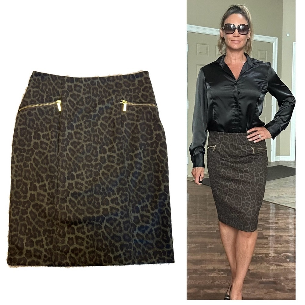 Michael Michael Kors khaki green black leopard cheetah animal print pencil skirt